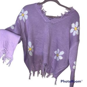 JustPolly purple daisy distressed sweater cropped cute S floral girly fem light